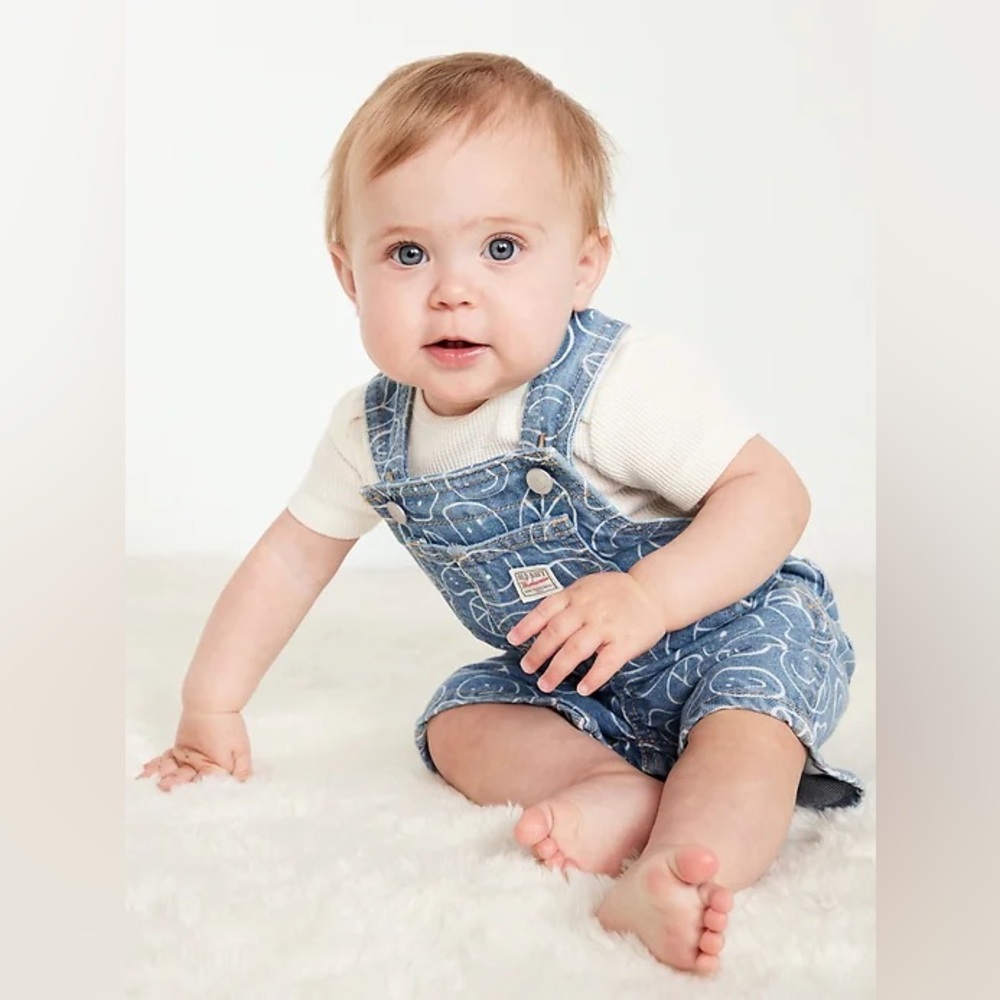 Old Navy Blue Denim Short Overalls with Smile Print - Picture 2 of 10